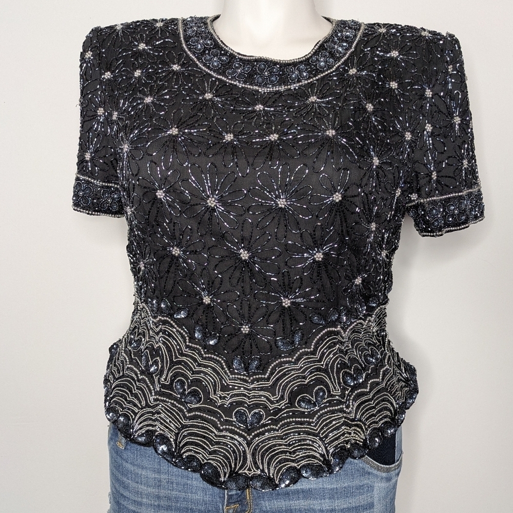 Vintage Papell Boutique Black White Fully Beaded Short Sleeve Silk Blouse 14